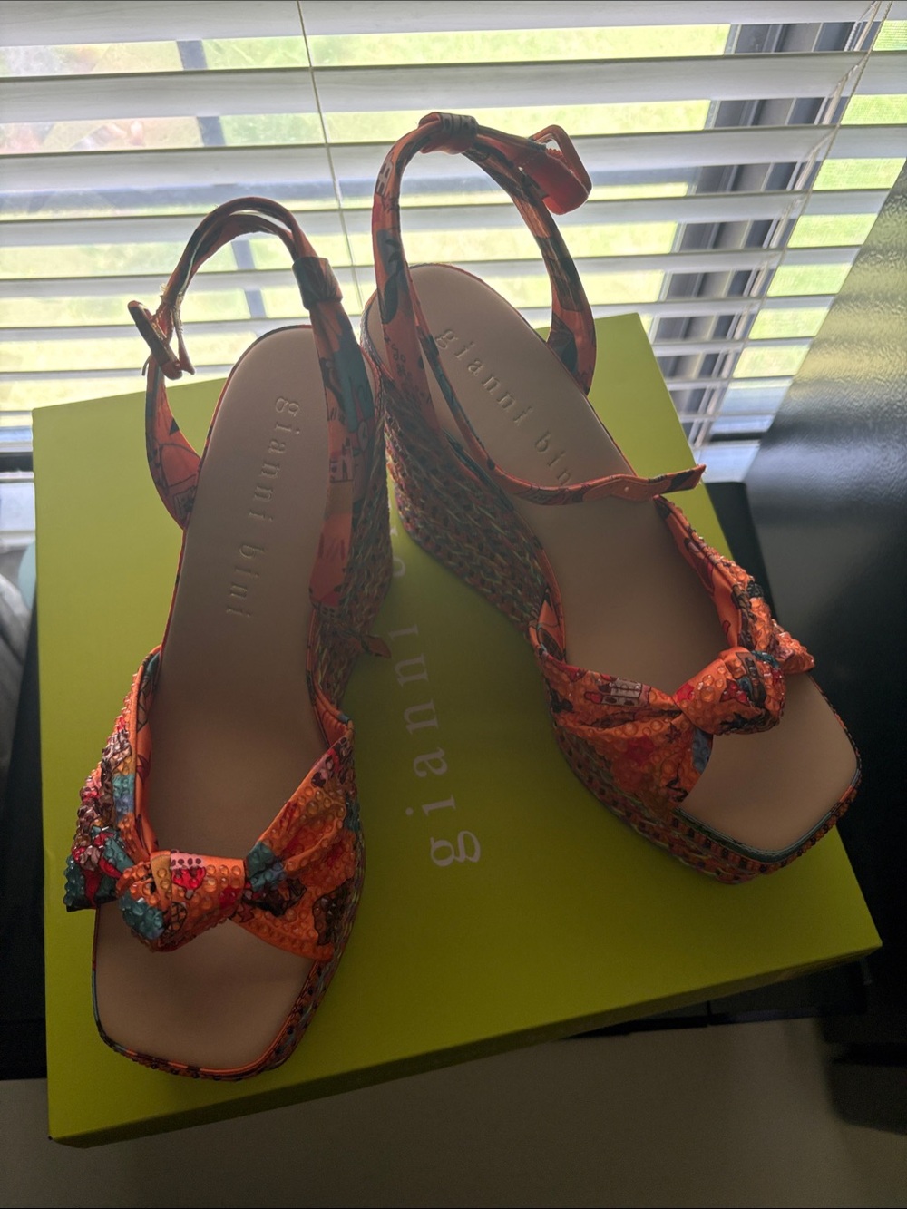 Gianni Bini Orange Multicolor Patterned Wedge Sandals